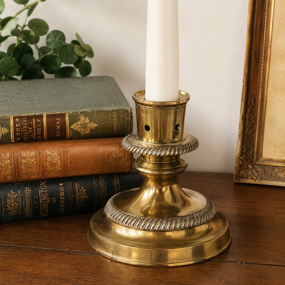 Vintage Mottahedah Solid Brass 6"‎ Taper Candlestick Holder Rope Trim India Made